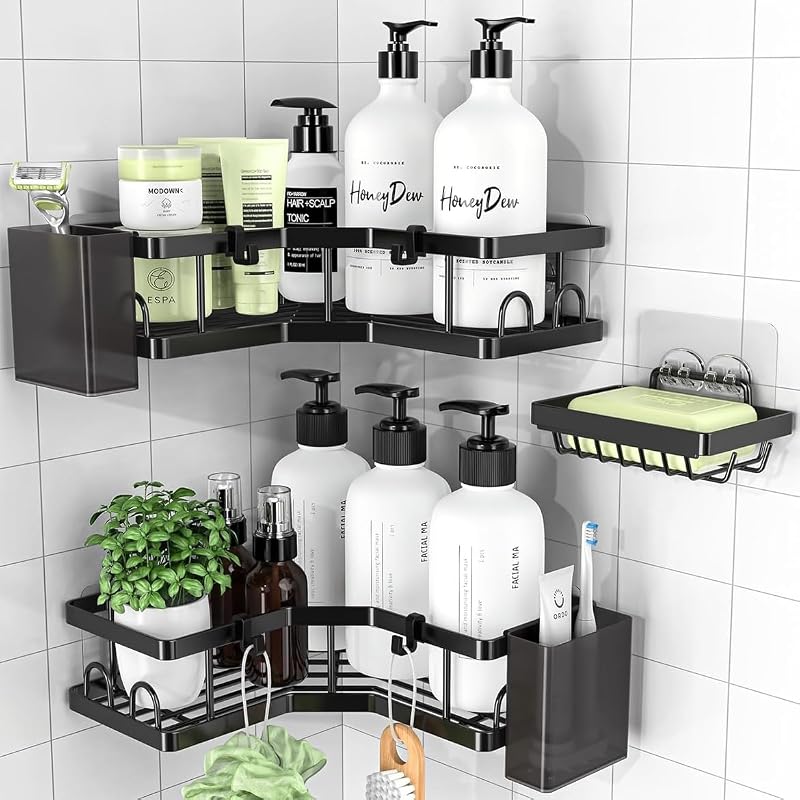 PKBD Corner Shower Caddy 3 Pack No Drilling Rustproof Stainless Steel Black