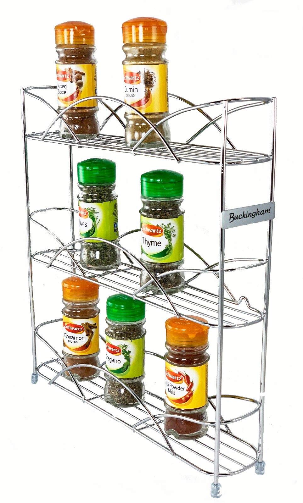 Buckingham 3 Tier Free Standing Spice & Herb Rack Jar Holder Organiser Storage Metal Chrome Compact and Durable Ideal for Kitchen Countertops 33 cm by Buckingham
