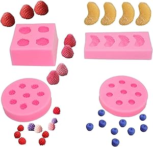 4pcs/set Fruit Shaped Jelly Molds 3d Strawberry, Orange,Raspberry & Blueberry Silicone Fondant Molds Soap Embed Molds Wax Embeds,Wax Melts Molds,Candy Mold for Cake Cupcake Topper Decoration