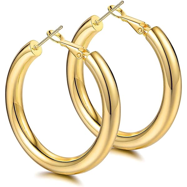0405　両耳　3.5×21mmゴールド Amazon.com: Solid 14K Yellow Gold 4mm Latch Back Tube Hoop