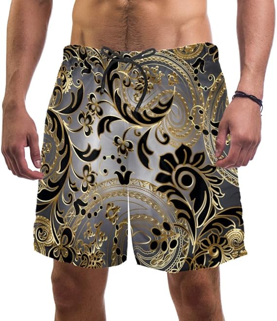 Man Beach Shorts Paisleys Floral Gold and Black Paisley Swim Trunks