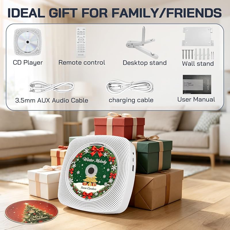 Tragbarer CD-Player WDV04 für Zuhause & Outdoor, Bluetooth-CD-Player mit Lautsprechern, integriertem 4000-mAh-Akku, FM-Radio, USB-Wiedergabe, Fernbedienung, Wandhalterung & Tischständer