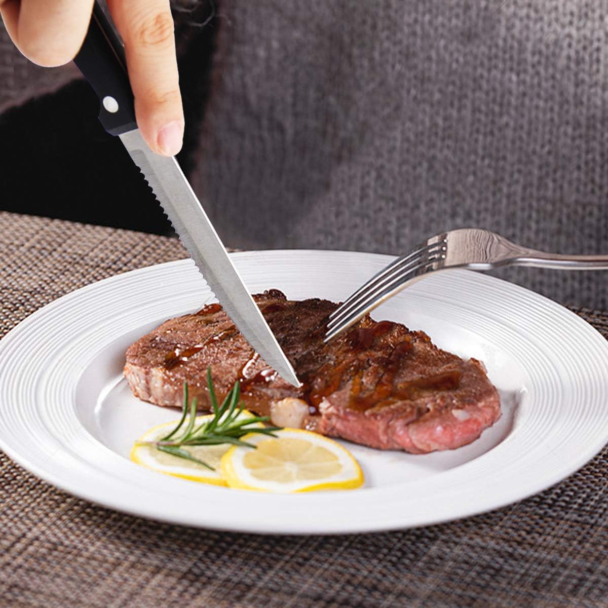 dearithe Steak Knives Set of 6, Black Full-Tang Triple Rivet Serrated Stainless Steel Sharp Blade Flatware Steak Knife Set, 4.5 Inches, For Tableware Kitchen Camping Restaurant, Dishwasher Safe: Kitchen & Dining