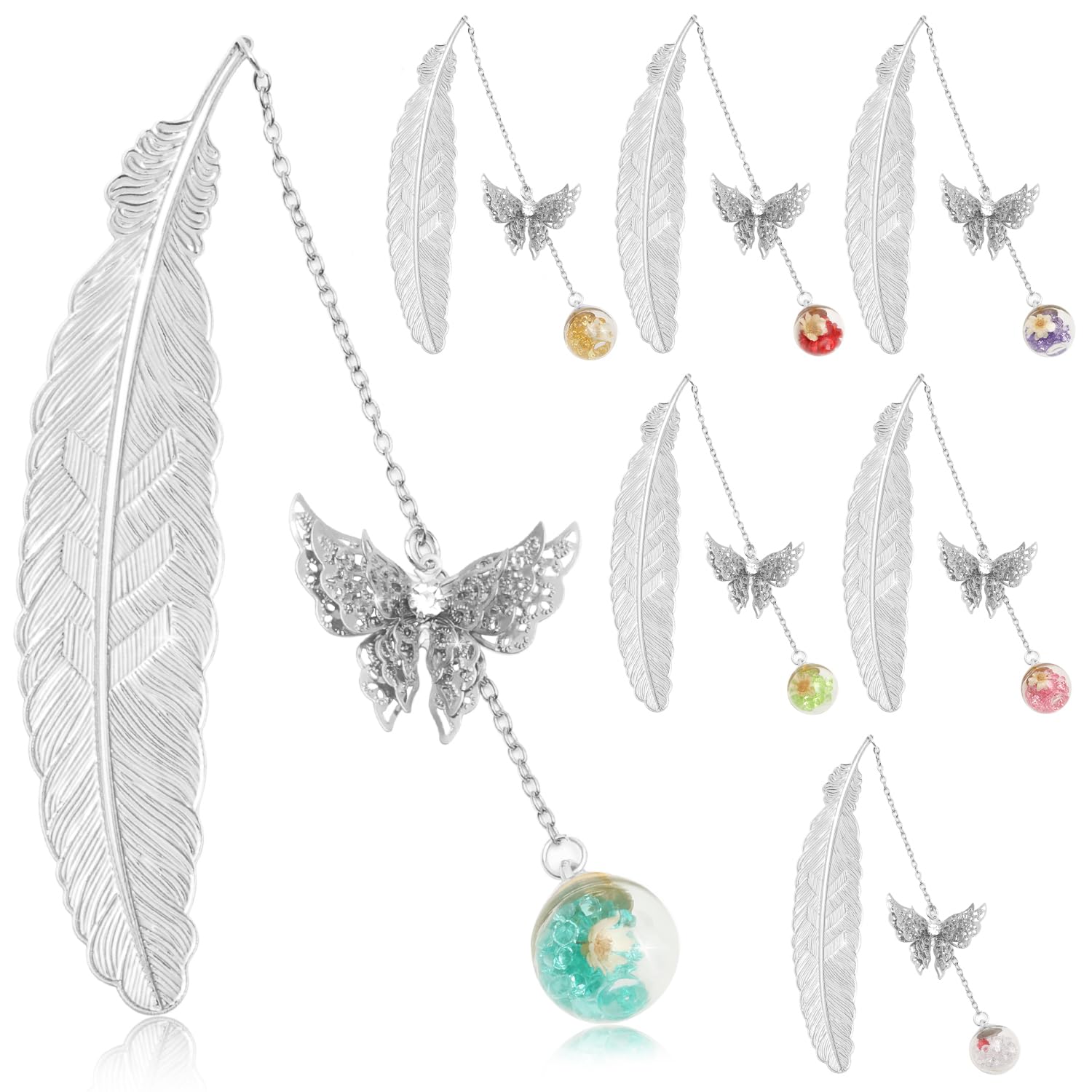 Weniubit Metal Bookmark, 7 Pieces 3D Butterfly Feather Bookmarks with Dried Flower, Ideal Gift for Book Lovers, Christmas Gift Box Decorations (Silver Feather)