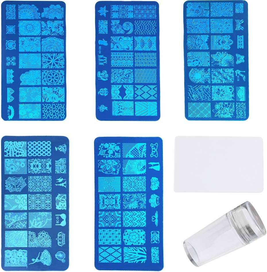 FOCCTS Nail Art Stamping Templates Manicure Tool Kit, 5pcs Nail Stamping Plates + 1 Stamper + 1