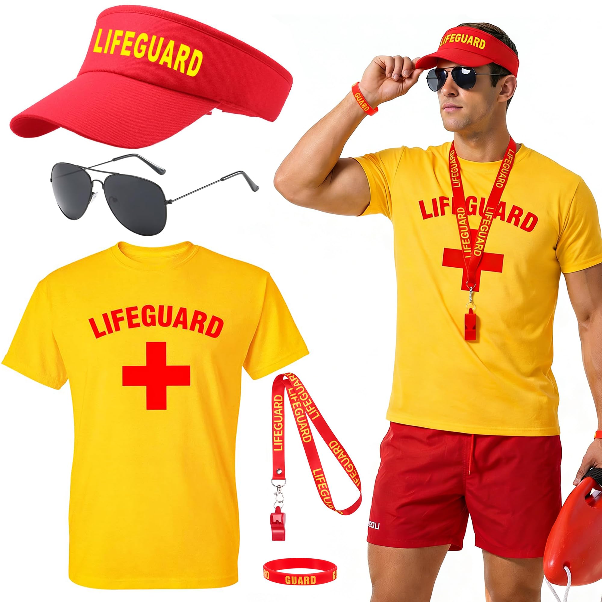 iSharely 5Pcs Lifeguard Costume Set for Adults, Life Guard Fancy Dress with T-Shirt Sunglasses Hat Whistle & Wristband Baywatch Outfit for Men Women Pool Beach Party Halloween Cosplay (M)