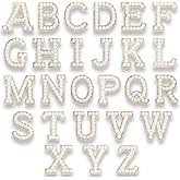 26PCS Pearl Rhinestone Letters Iron on Patches, A-Z Alphabet Applique Patch, White Pearl Iron on Sew on Emblem, Patches for Clothes Jeans Jacket Hats Bags DIY Sewing Craft Decoration