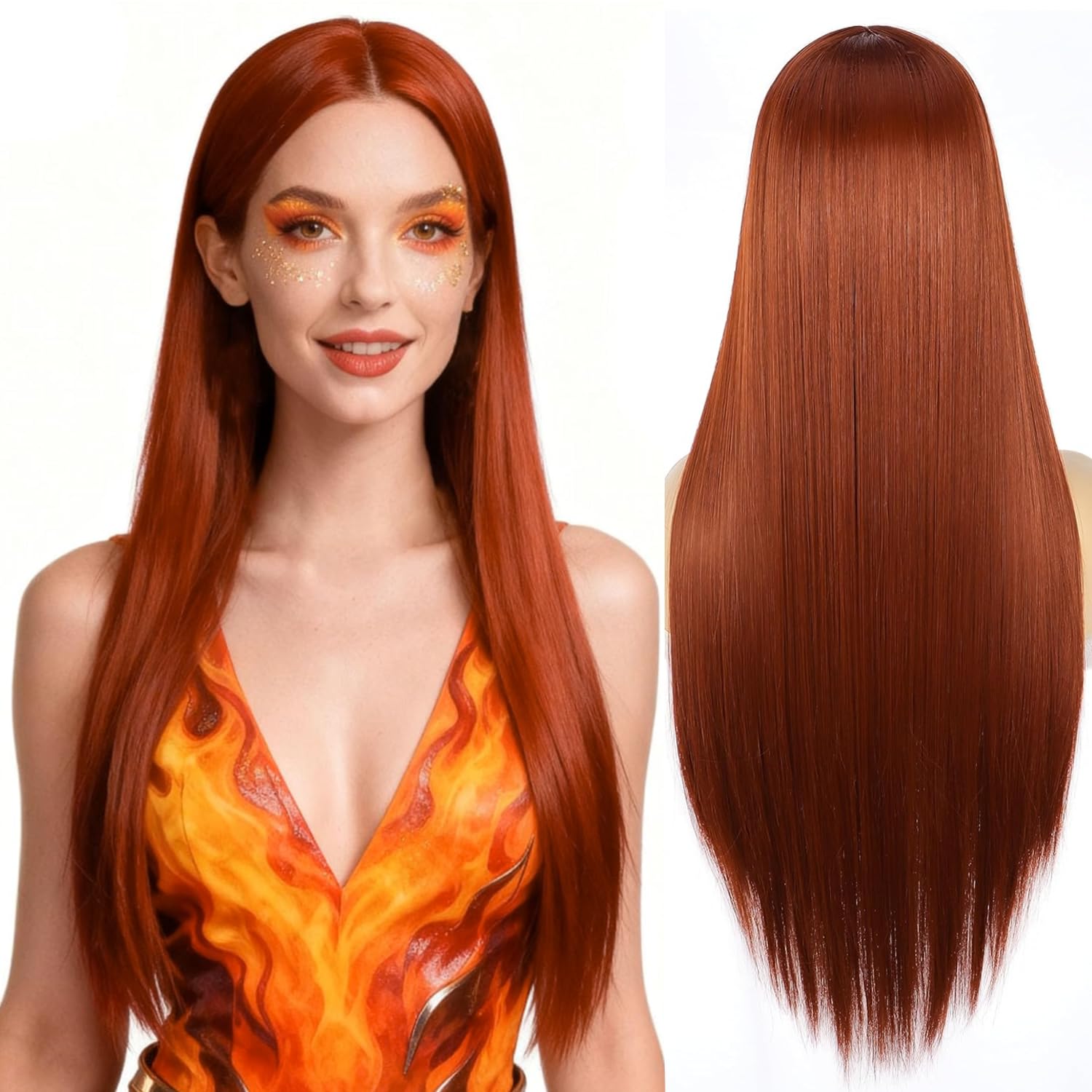PORSMEER Natural Looking Long Copper Red Wig For Womens Ladies Straight Silky Synthetic Heat Resistant Hair Wig with Lace Middle Part 28 Inch for Halloween Cosutme or Daily Use,Auburn โ image 1