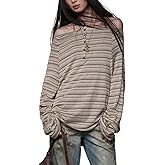 Women's Y2K Off Shoulder Striped T Shirt Emo Harajuku Oversized Grunge Shirt Long Sleeve Vintage Streetwear Clothes
