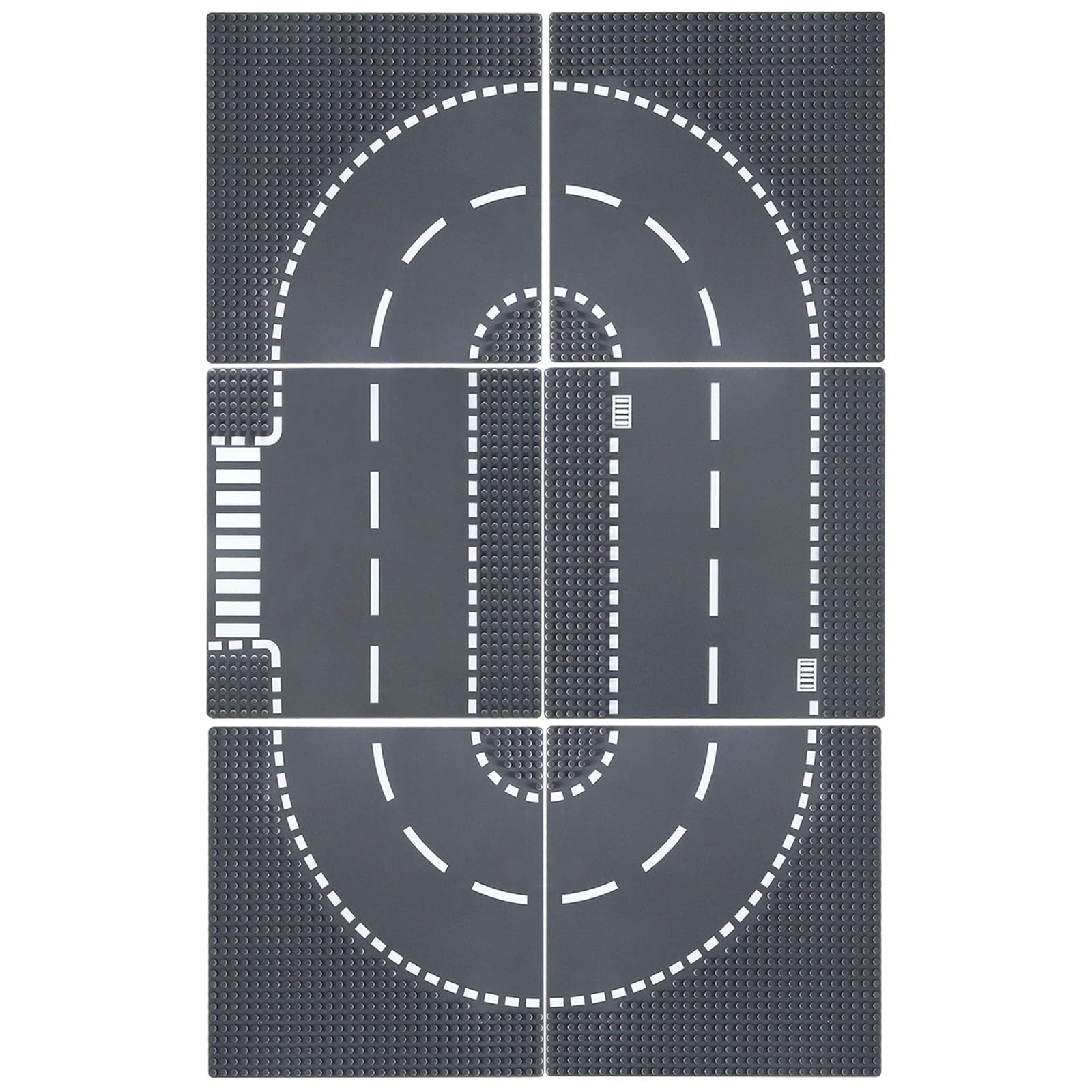 HUIZDQ 6 Piece Road Base Plates, City Street Road Building Baseplate Toys Compatible with All Major Brands, For Ages 3 and Up, 4 Curves, 1 Straight, 1 T-Junction, 10" x 10" (Grey) — image 1