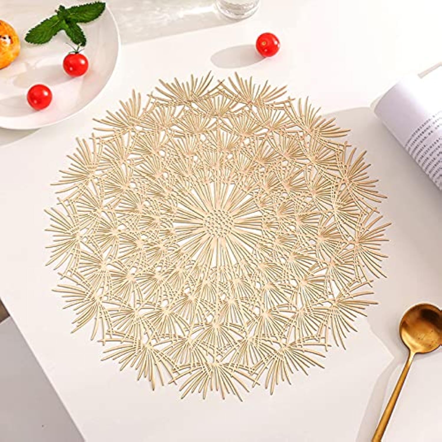 Hosoncovy 4 Pack Dandelion Decorative Placemats - Round, PVC, Heat Resistant, Non-slip Dining Placemats - Flower Design for Home, Kitchen, Wedding Party (Gold)