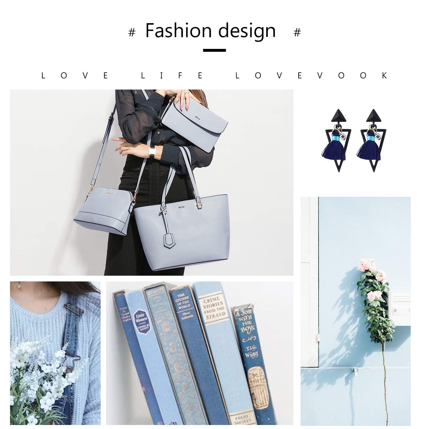 Handbags for Women Ladies Hobo Tote Shoulder Bag Purse Fashion Design PU Leather Good Choice for Work School Travel Gift（3 Pcs Set） Light Blue