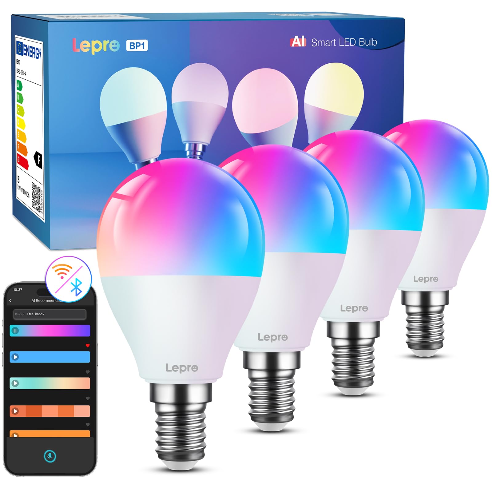 Lepro BP1 AI Smart Bulb E14 RGBWW, Works with Alexa & Google Assistant, Music Sync, Colour Changing, 4.9W = 40W, 470lm Dimmable, App Voice Control, Personalized AI Lighting Designer, Pack of 4