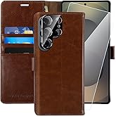 MONASAY Wallet Case Fit for Samsung Galaxy S25 Ultra 6.9 inch, [Lens & Glass Screen Protector Included] [RFID Blocking] Flip Folio Leather Cell Phone Cover with Credit Card Holder, Brown