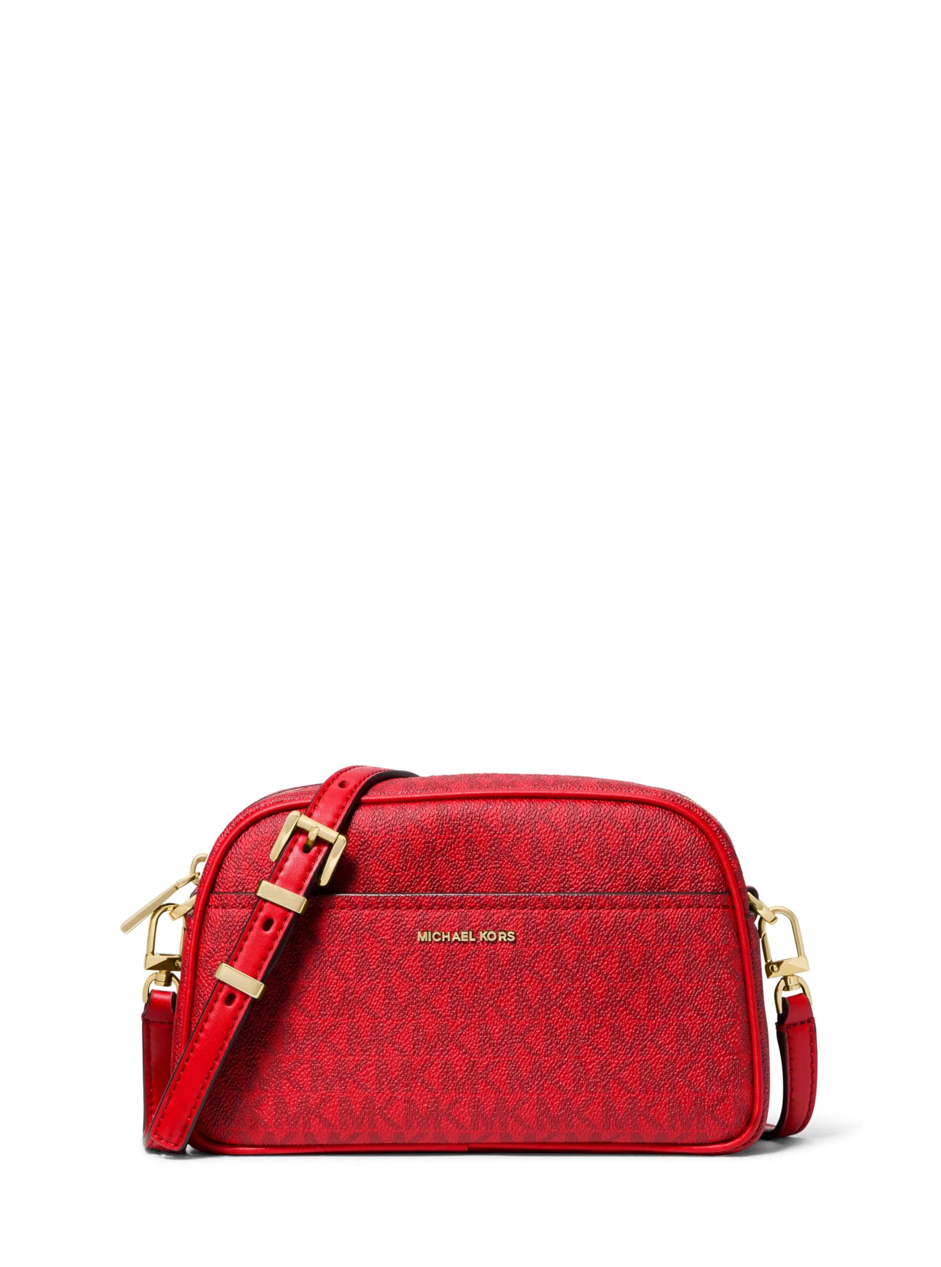 Michael Kors Jet Set Small Camera Crossbody Bag, Gold-Tone Hardware/Puffy Metallic Nylon/Crimson Multi