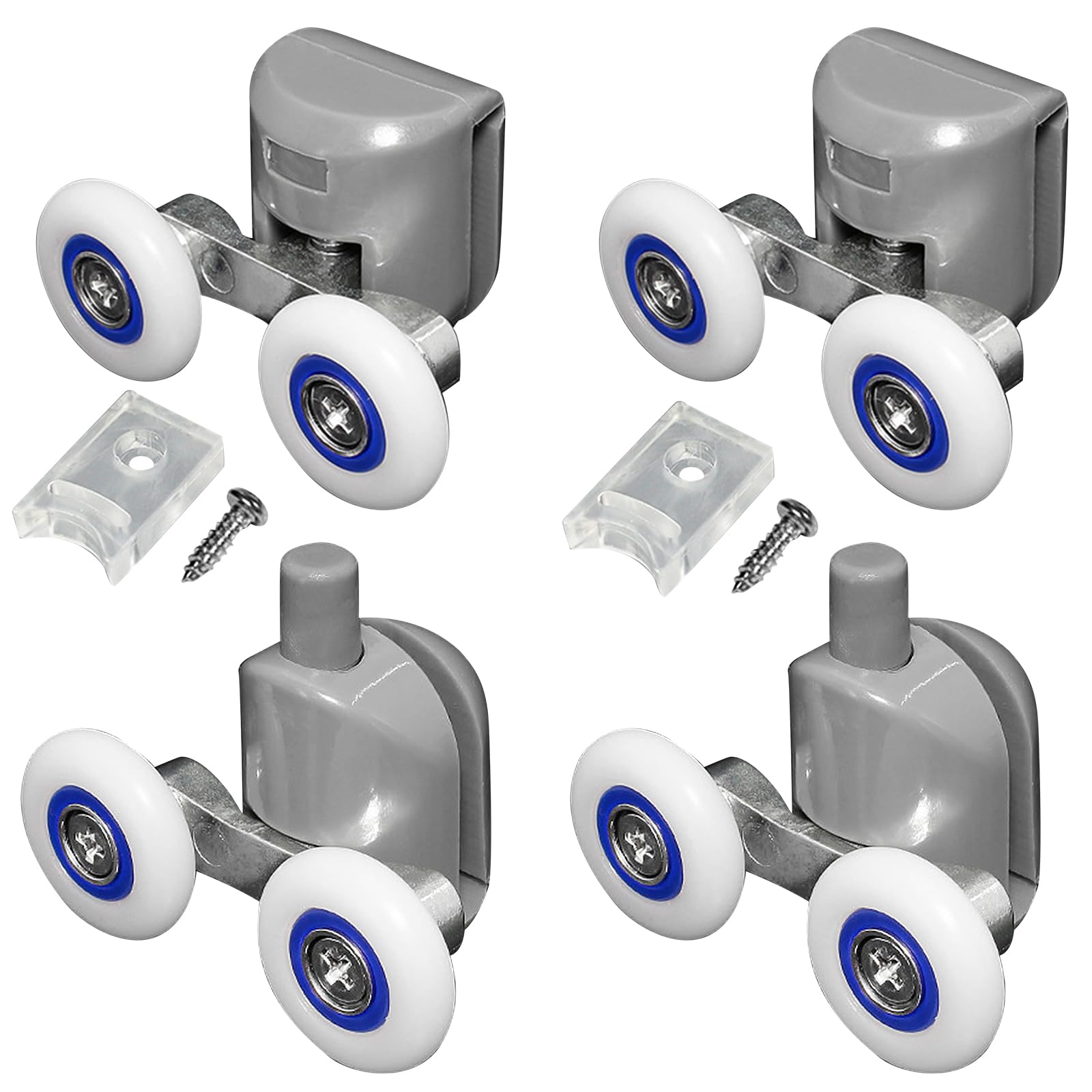 Shower Door Twin Rollers, Set of 4 - Top & Bottom, Zinc Alloy Runners Wheels, Shower Door Twin Rollers for Curved Doors, Bathroom Replacement Parts (23mm - Plastic+Zinc)
