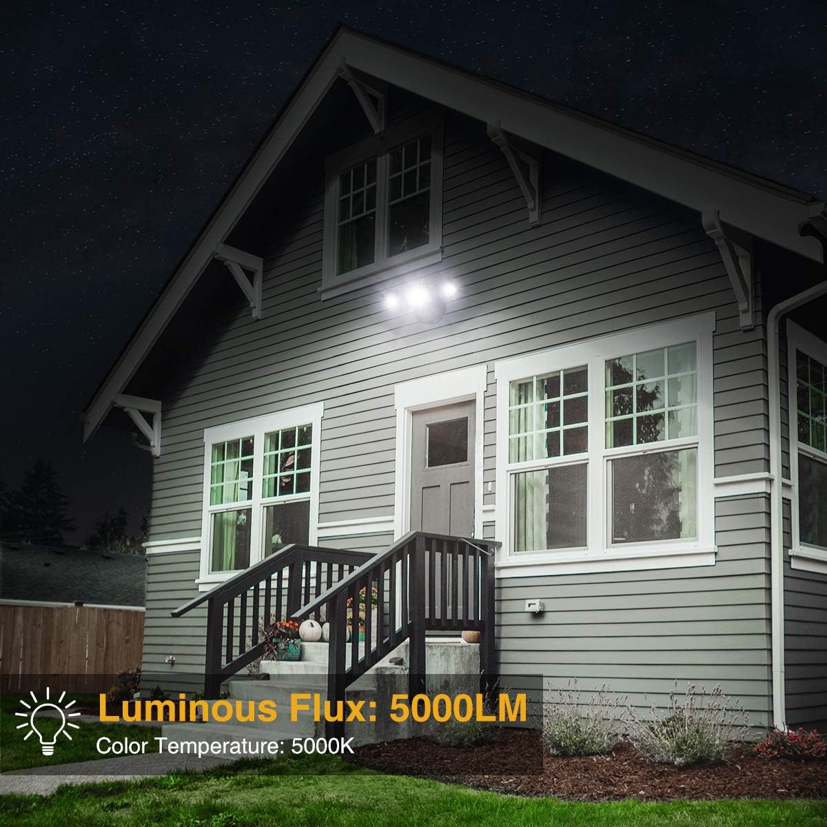 Onforu 2 Pack 50W LED Security Light, 5000LM LED Flood Light Outdoor Fixture with 3 Adjustable Heads, IP65 Waterproof, 5000K Day White Wall Mount Security Light for Eave, Exterior Garden, Porch - - 