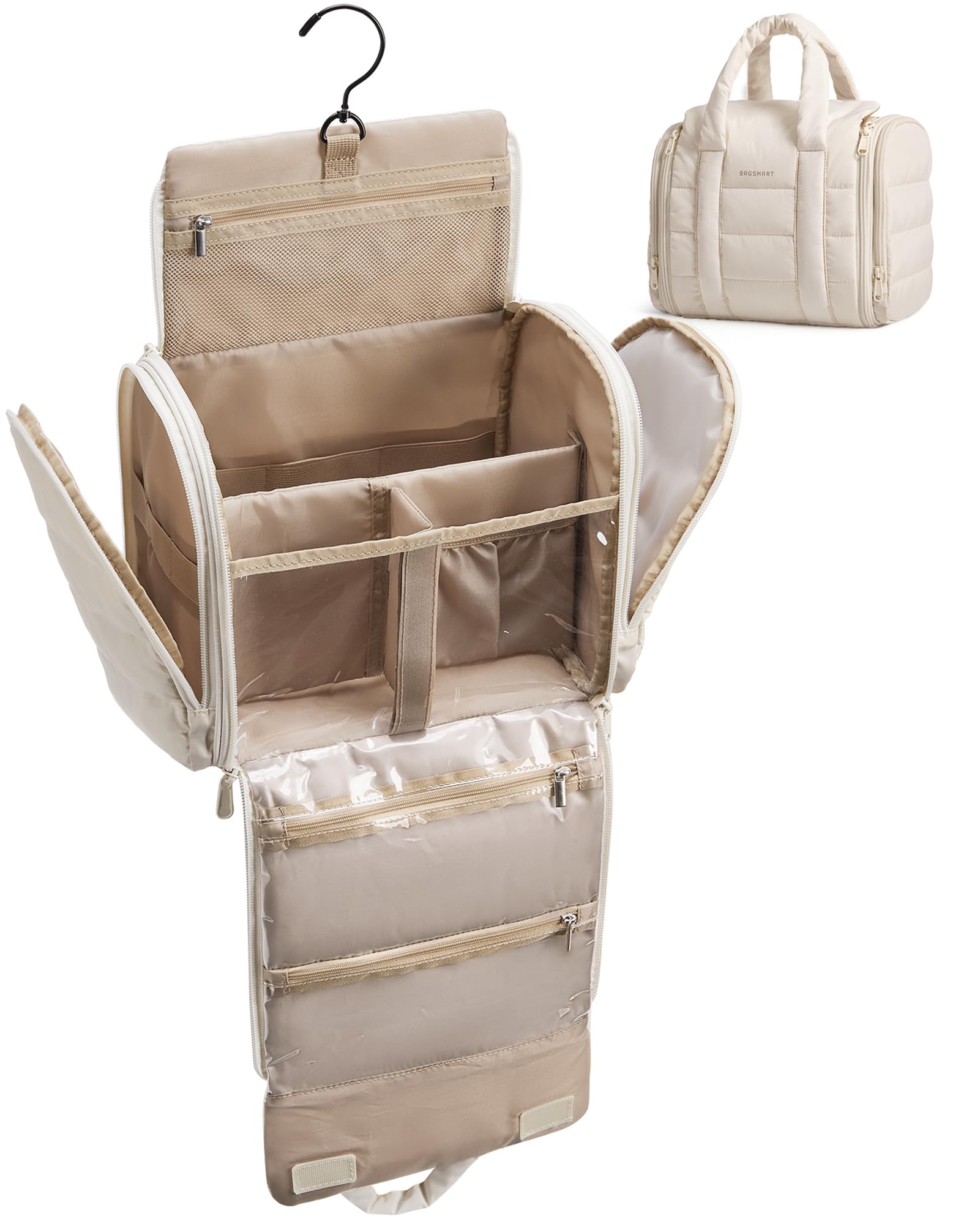 Photo 1 of *MINOR DAMAGE - USED*
BAGSMART Toiletry Bag for Women with Hanging Hook, Puffy Water-resistant Makeup Cosmetic Bag for Accessories, Shampoo, Full-size Container, Toiletries, Beige