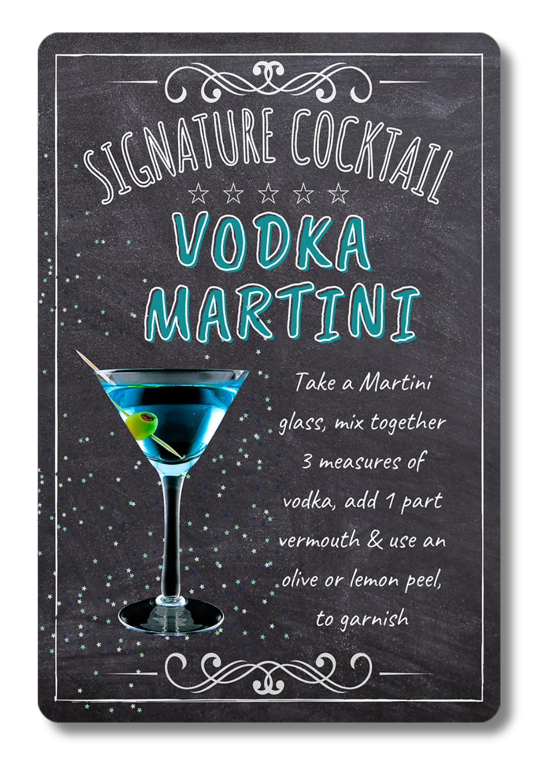 BAR SIGNS Classic Signature Cocktail Recipes Posters, Chalkboard Wall Art 20cm X 30cm for Home Decor, Pub, Tiki Bar, Kitchen, Restaurant (Vodka Martini)