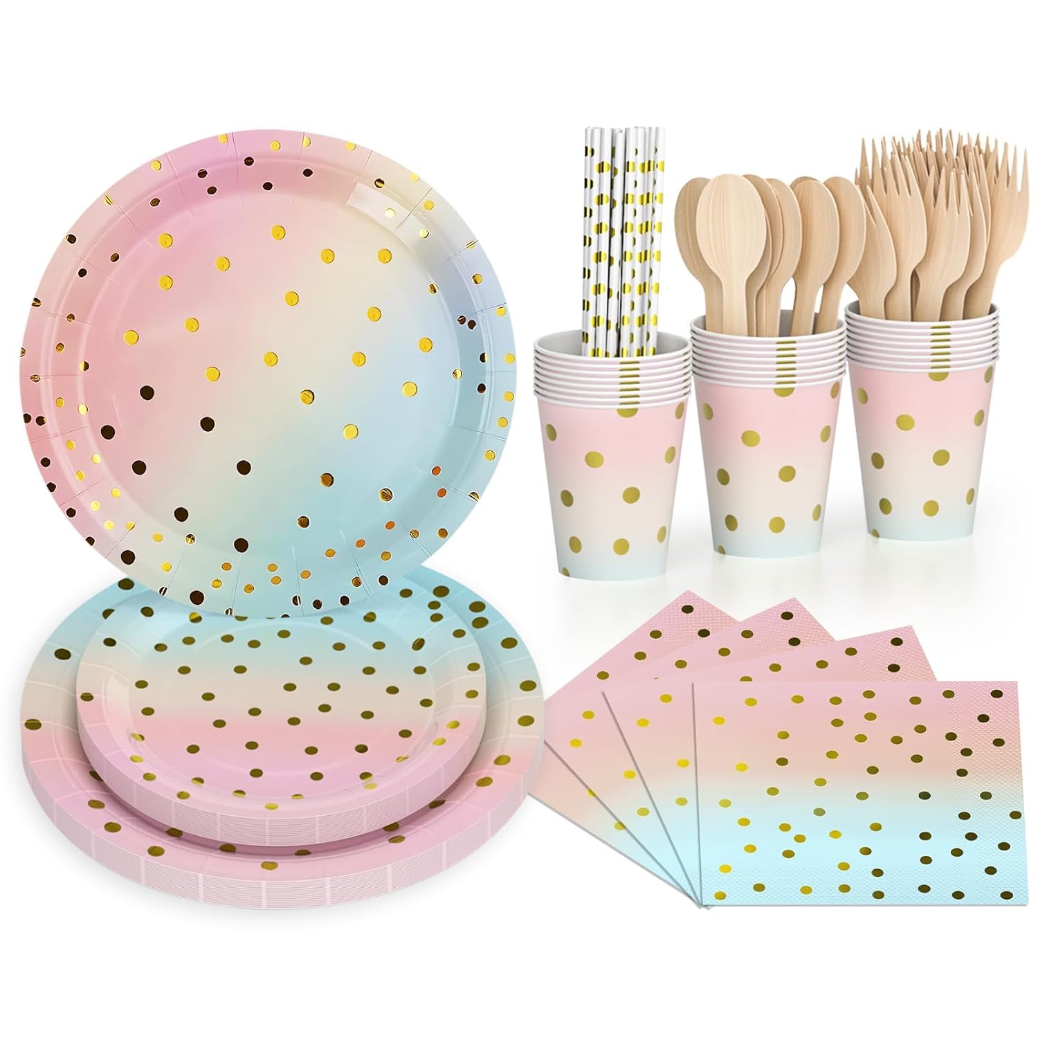Dn Dennov 168PCS Pink and Gold-Pastel Supplies, Serves 24 Disposable Dinnerware Set with Paper Plates, Cups, Napkins, Straws, Wooden Forks & Spoons for Wedding, Christmas (Trompe L'Oeil Gold)