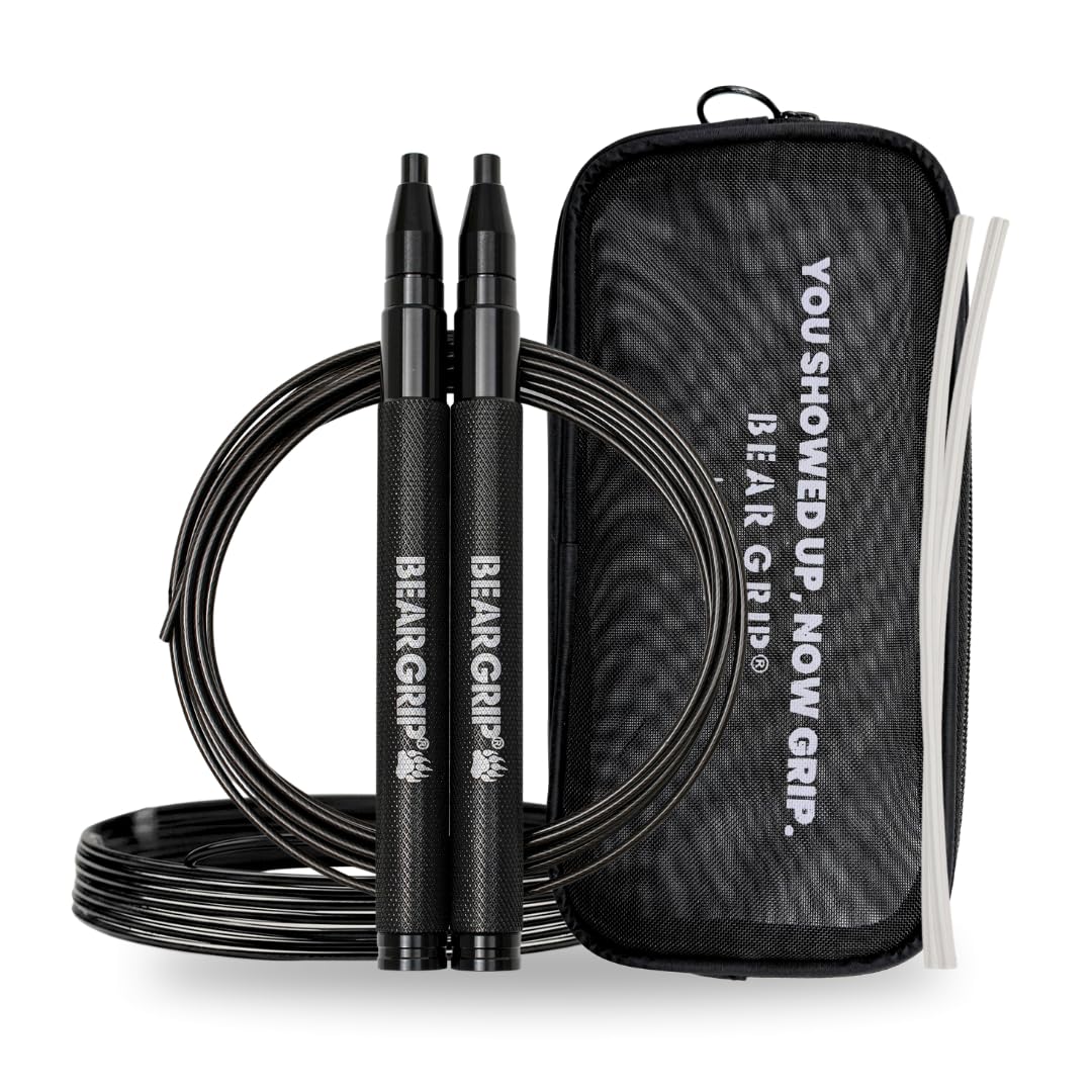 BEAR GRIP Premium Speed Jump Rope for Adults – Adjustable Self-Locking Skipping Rope for Double Unders, CrossFit, Boxing & HIIT with Cable Protector, Carry Pouch & 2 Steel Cables