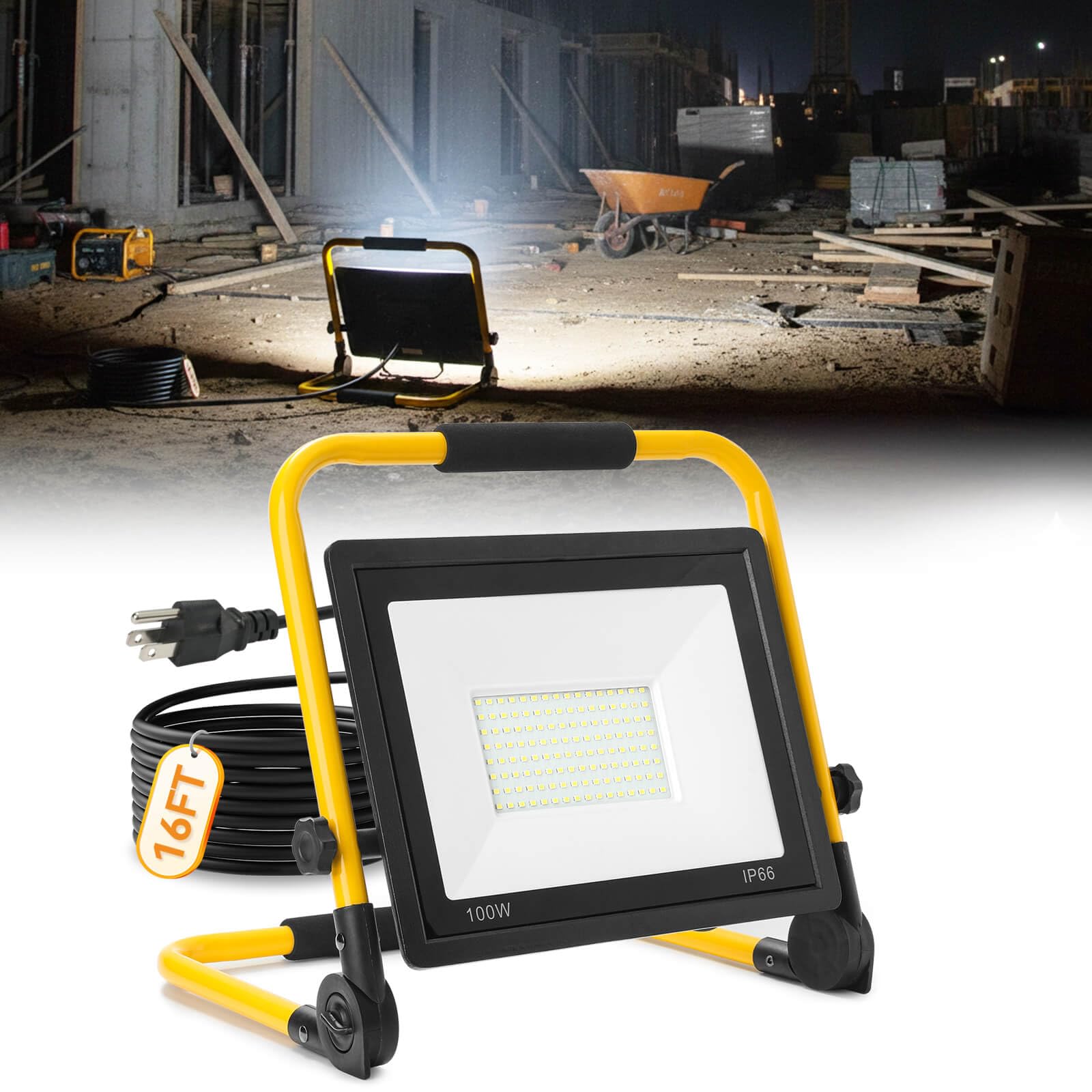 Photo 1 of 12000LM LED Work Light 128LEDs Portable Flood Light with 16.4FT Cord&Individual Switch& Stand, 6500K IP66 Waterproof for Indoor/Outdoor Job Sites, Workshops, Garages & Construction Lighting