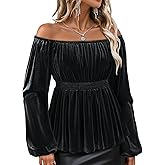 Bebonnie Womens Velvet Off The Shoulder Long Sleeve Sexy Elegant Evening Tops Peplum Dressy Blouses