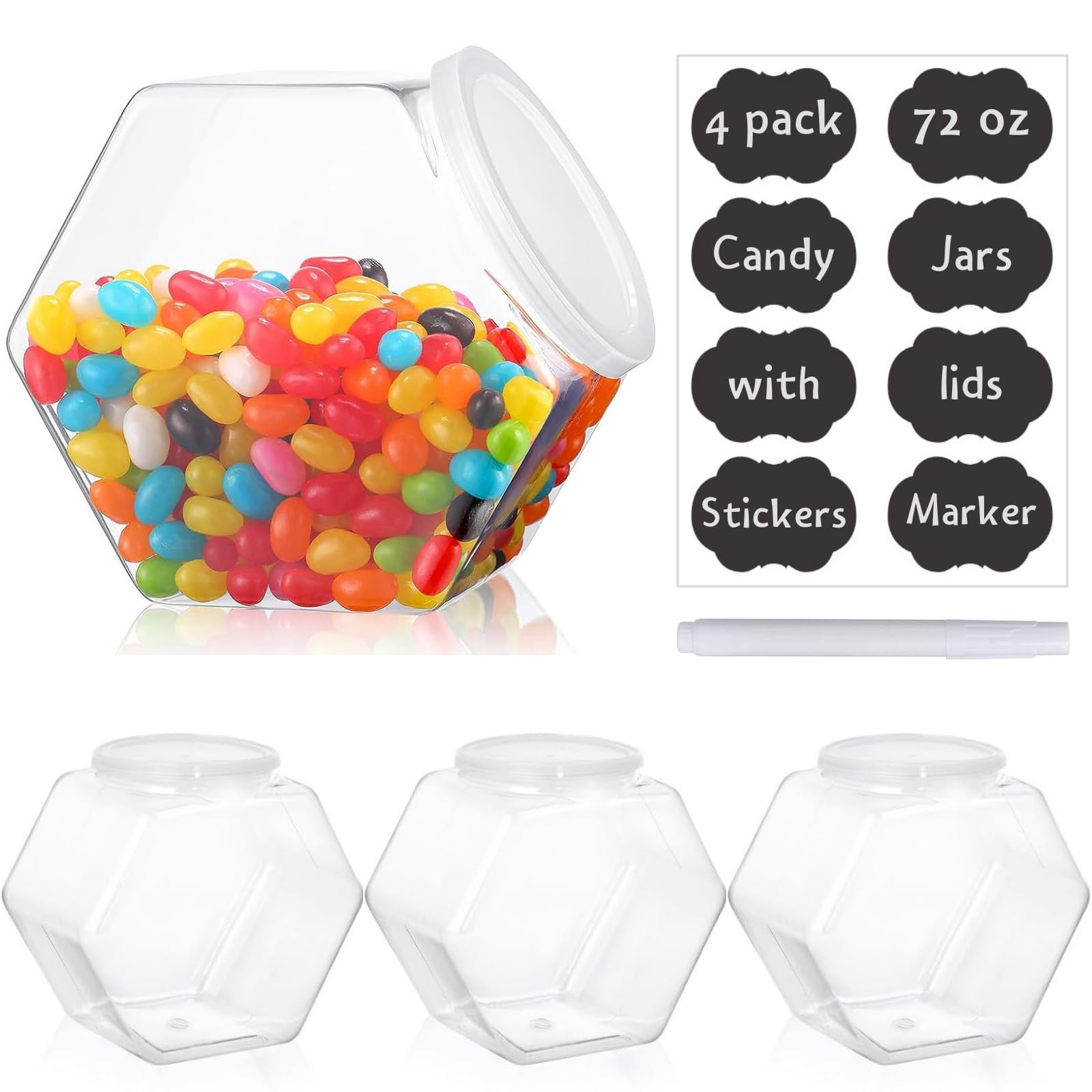 Photo 1 of Atarvana Plastic Candy Jars 72oz Set of 4 with 8 Pcs Label Stickers & a Pen, Hexagon Candy Containers with Airtight Lids for Candy Buffet, Kitchen Storage Containers Set