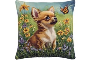 animal Cross Stitch Cushion Cover Embroidery Kit,Chihuahua and butterfly in flowers,Cross Stitch Needlework kits,DIY Pillow C