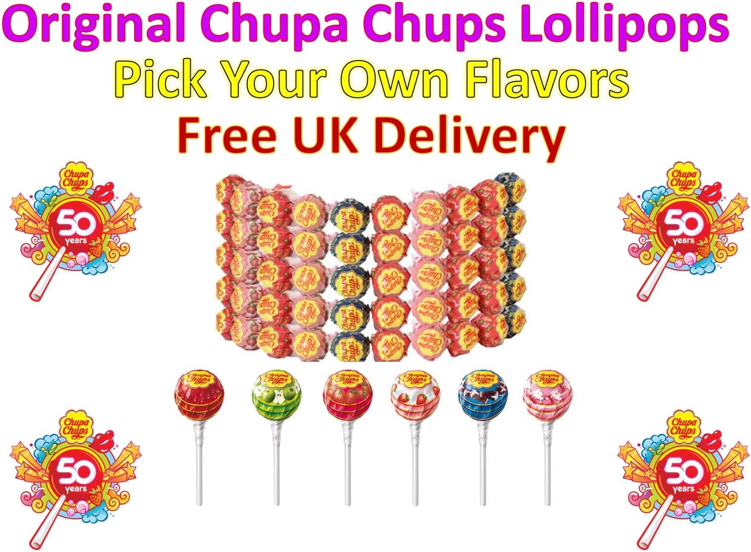 Chupa Chups Lollipops- Pick Your Flavor- 25pk to 100pk UK Seller - (Strawberry, 50)