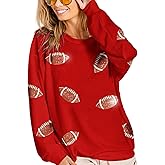 ChiyeeKiss Womens Sparkle Football Sequin Rugby Sweatshirt Game Day Y2K Crewneck Oversized Shirt Long Sleeve Fleece Pullover