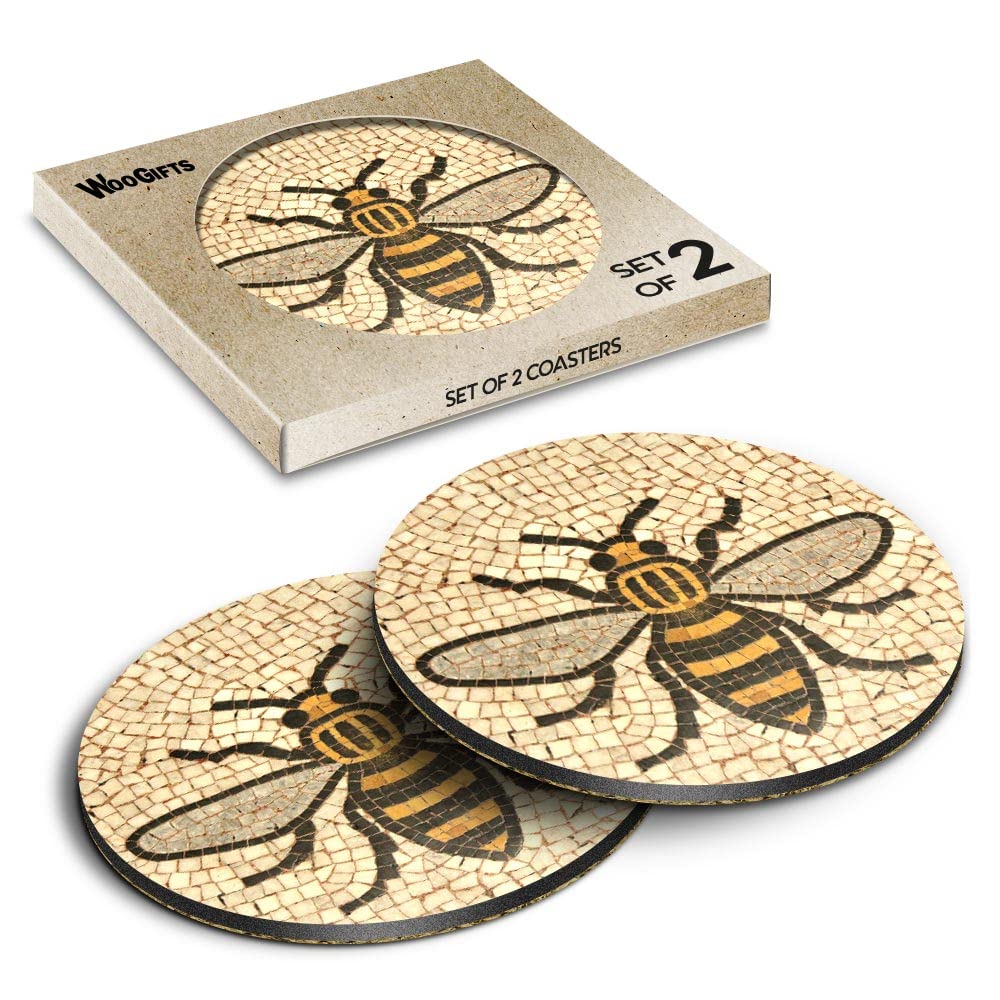 2 x Round Coasters - Manchester Bee Mosaic Pattern Cork Backed MDF Glossy Tea Coffee Accessory #51408