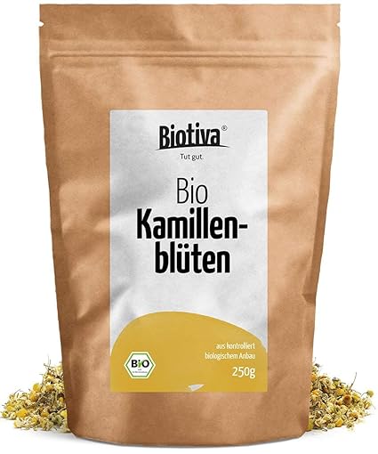 Kamillen-Blüten Tee (Bio, 250g) - Hochwertigste ganze Bio-Kamillenblüten - Bio-Kamillen-Tee - Abgefüllt und kontrolliert in D