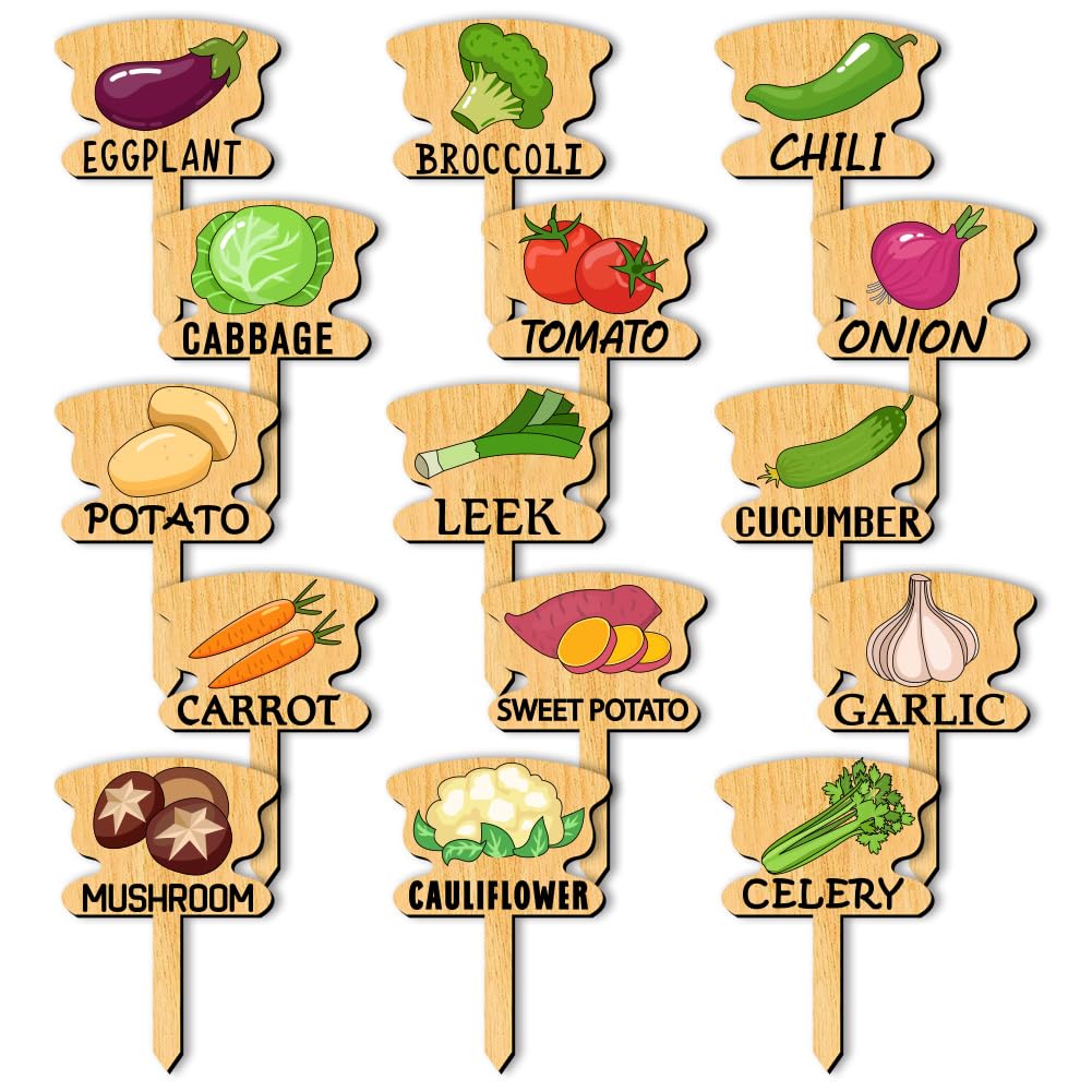 arricraft 15 Pcs Wood Funny Plant Markers, T-Type Tag with Vegetable Pattern Wood Plant Garden Sign for Vegetable Seed Indoor and Outdoor Potted Plants, 70x50mm/2.75x1.96inch