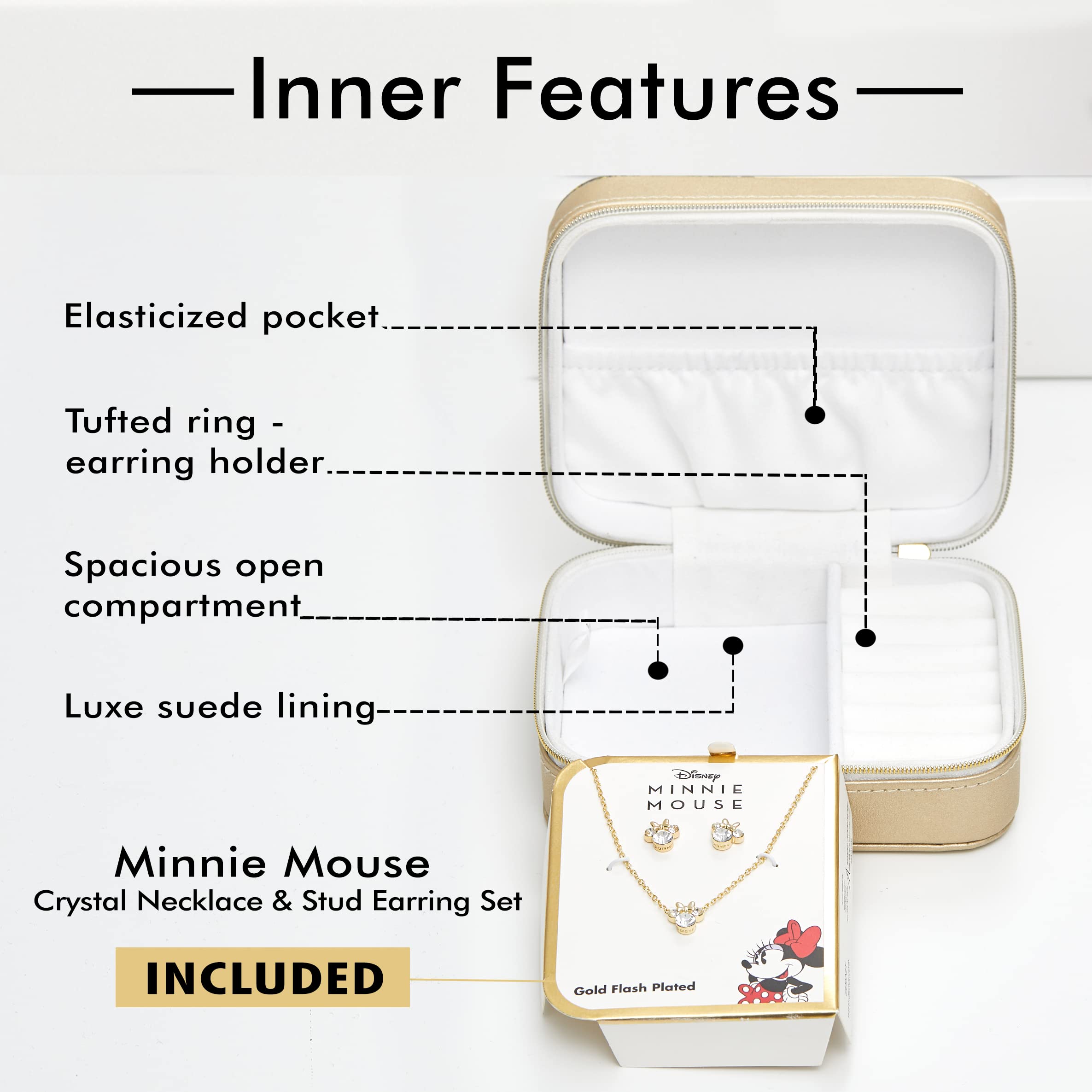 Disney Minnie Mouse Travel Jewelry Box with Pendant and Earrings Gift Set, Put A Bow On It Minnie Design