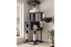 Heybly Cat Tree, 49.2 Inches Cat Tower for Indoor Cats, Spacious Cat House Condo with Hidden Space，Sturdy Steel Tube，Soft Plush Top Perch，Cozy Hammock and Sisal Scratching Posts, Smoky Gray HCT200SG
