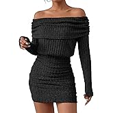 Simlakey Women’s Off The Shoulder Sweater Dress Bodycon Long Lantern Sleeve Ribbed Knit Mini Short Dress Fall Casual Party