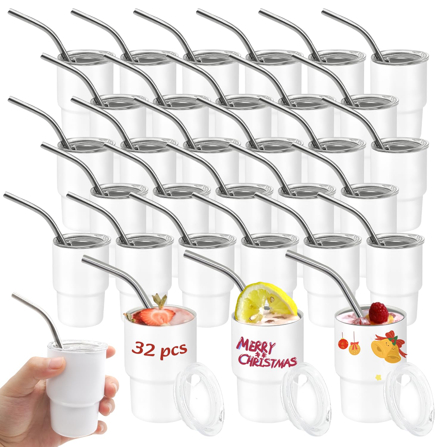 Photo 1 of YOUKE OLA 32 Pack Sublimation Shot Glasses Tumblers Blanks 3oz Mini Wine Tumbler with Lid and Straw Stainless Steel Tumblers Cups Bulk for Sublimation Oven Printing, White
