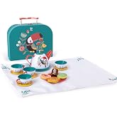 Hape Tea Set for Little Girls &amp; Boys, 18-Piece Tin Tea Party Set with Toucan Carrying Case, Toy Teapot, Play Food Cookies &amp; Picnic Cloth, Pretend Play Kitchen Accessories for Toddlers Ages 3+