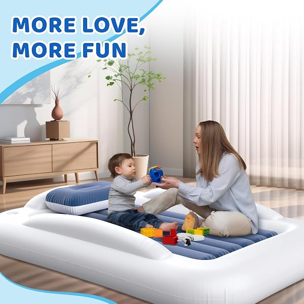 DEETECK INFLATABLE TODDLER TRAVEL BED – 60 INCHES PORTABLE TODDLER BED FOR TRAVEL WITH SAFETY SIDES – COZY KIDS AIR MATTRESS SET WITH BUILT-IN ELECTRIC PUMP & CARRY CASE- EASY TO INFLATE – SEA BLUE