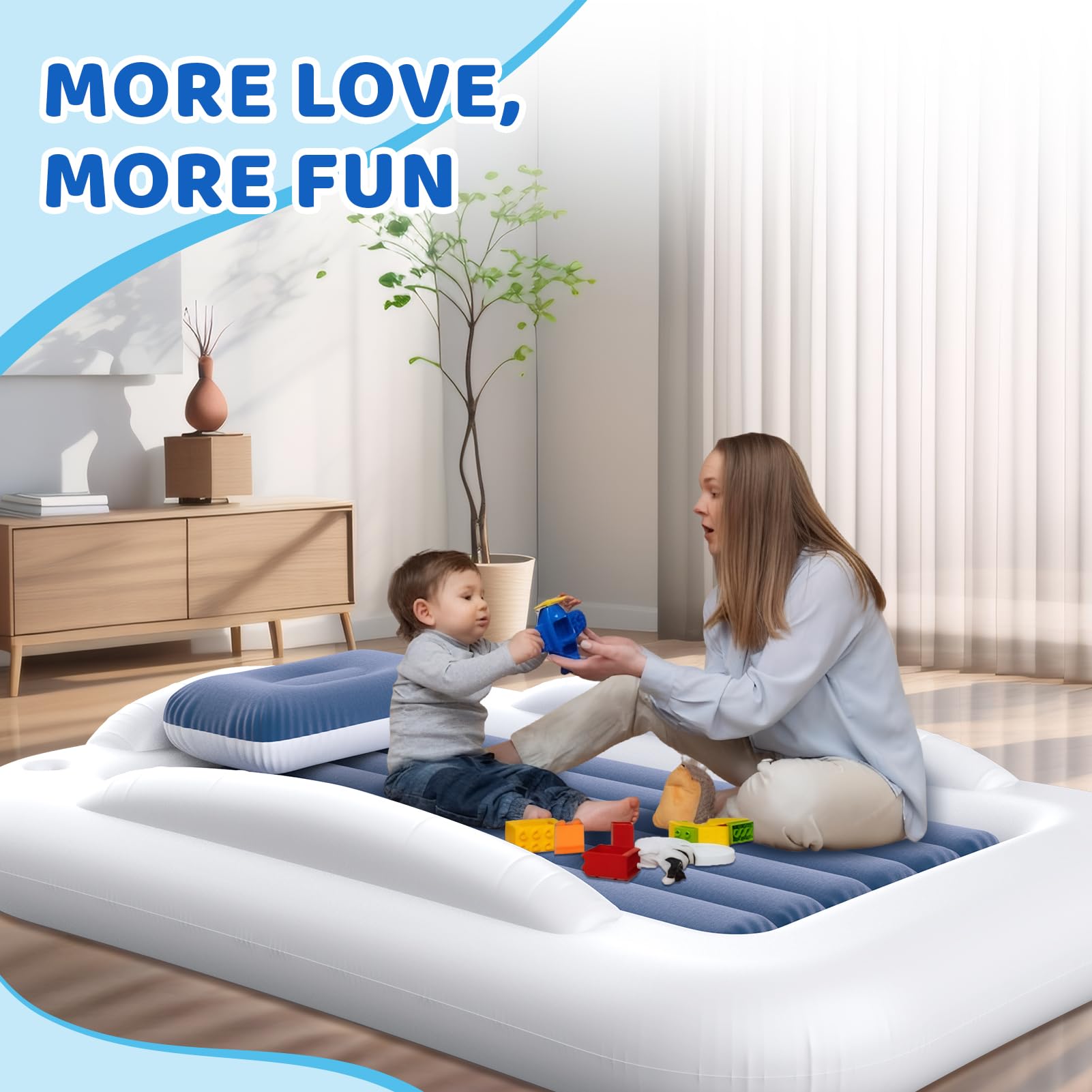 Inflatable Toddler Travel Bed - 60 Inches Portable Toddler Bed for Travel with Safety Sides - Cozy Kids Air Mattress Set with High-Speed Pump & Carry Case - Lightweight & Easy to Inflate -Blue