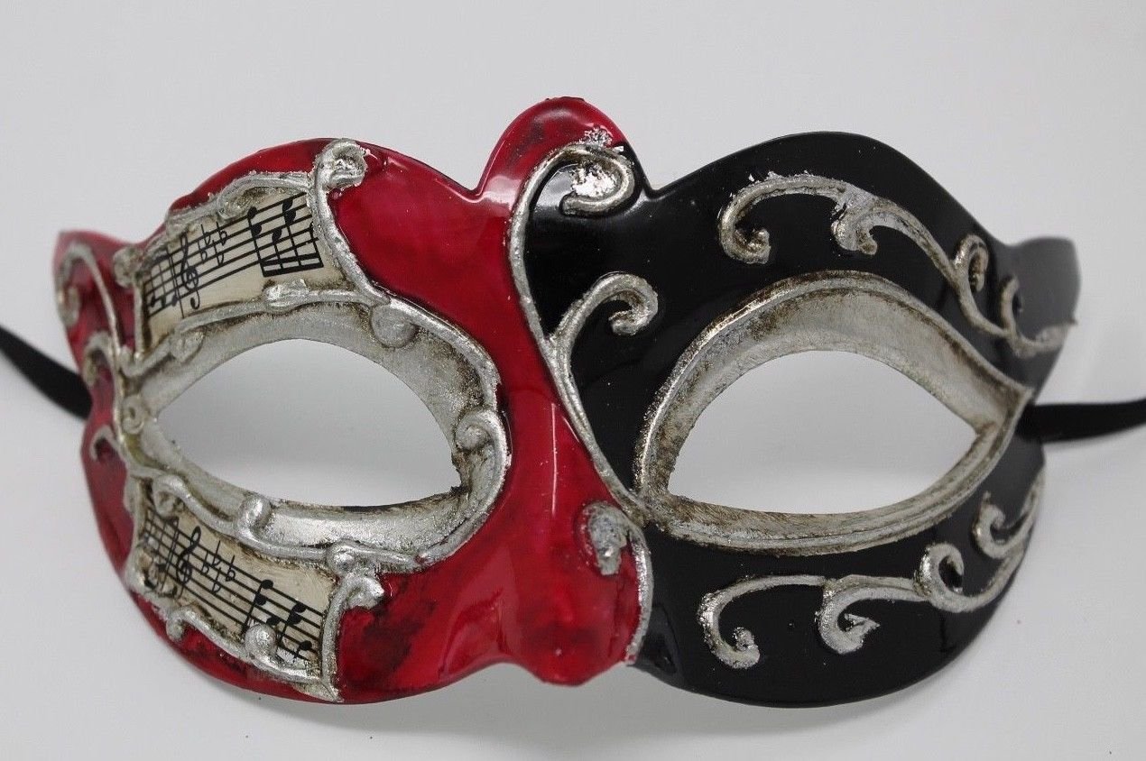 VENETIAN MASQUERADE CARNIVAL PARTY EYE BALL MASK RED SILVER & BLACK WITH MUSICAL NOTES SCRIPT