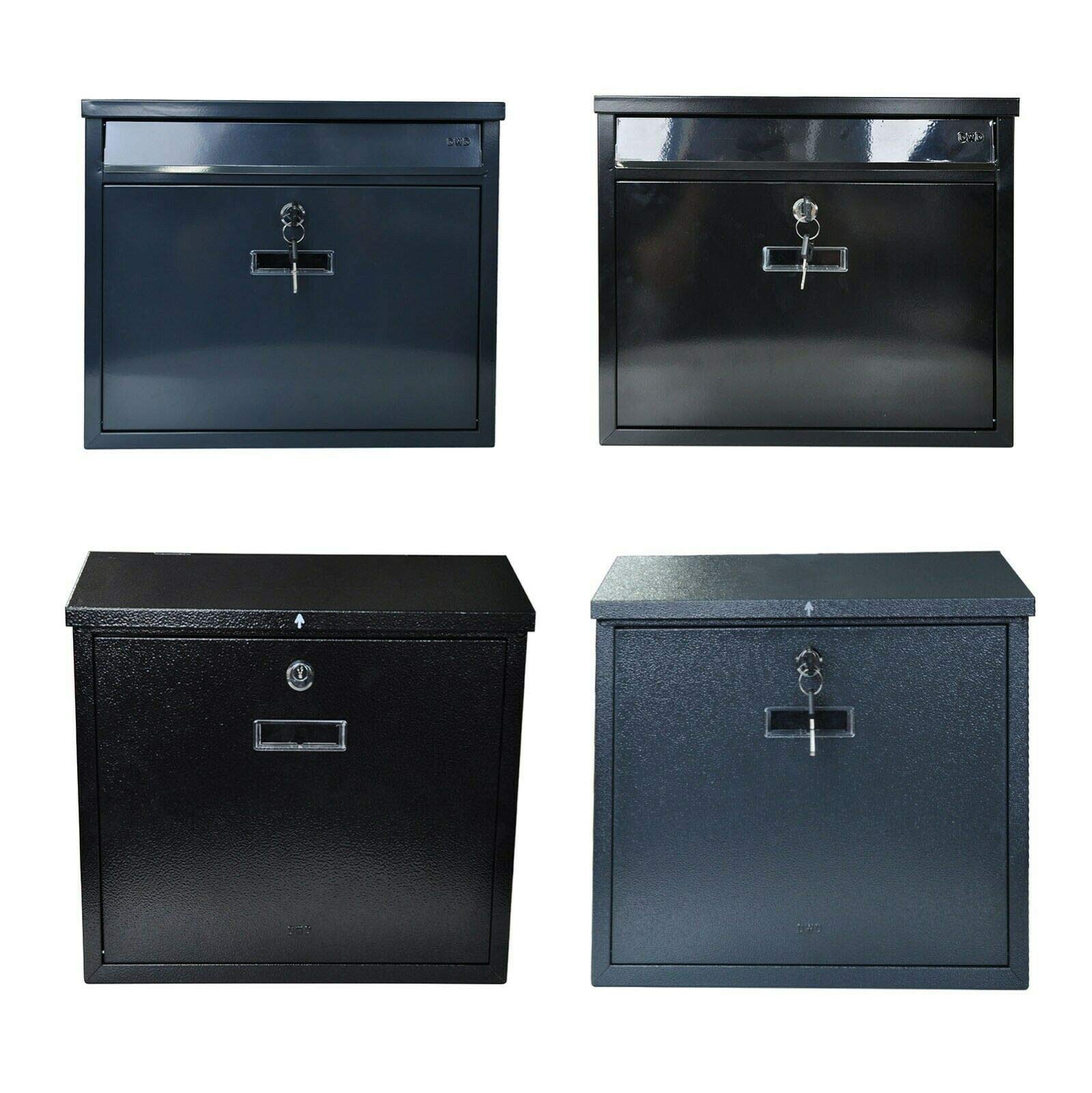 DWD® Premium Wall Mounted Lockable Letter Mail Box Powder Coated Steel Waterproof lid Outdoor (Top Slot 35 x 32 x 10 Magnetic Lid, Black Rugged Finish)