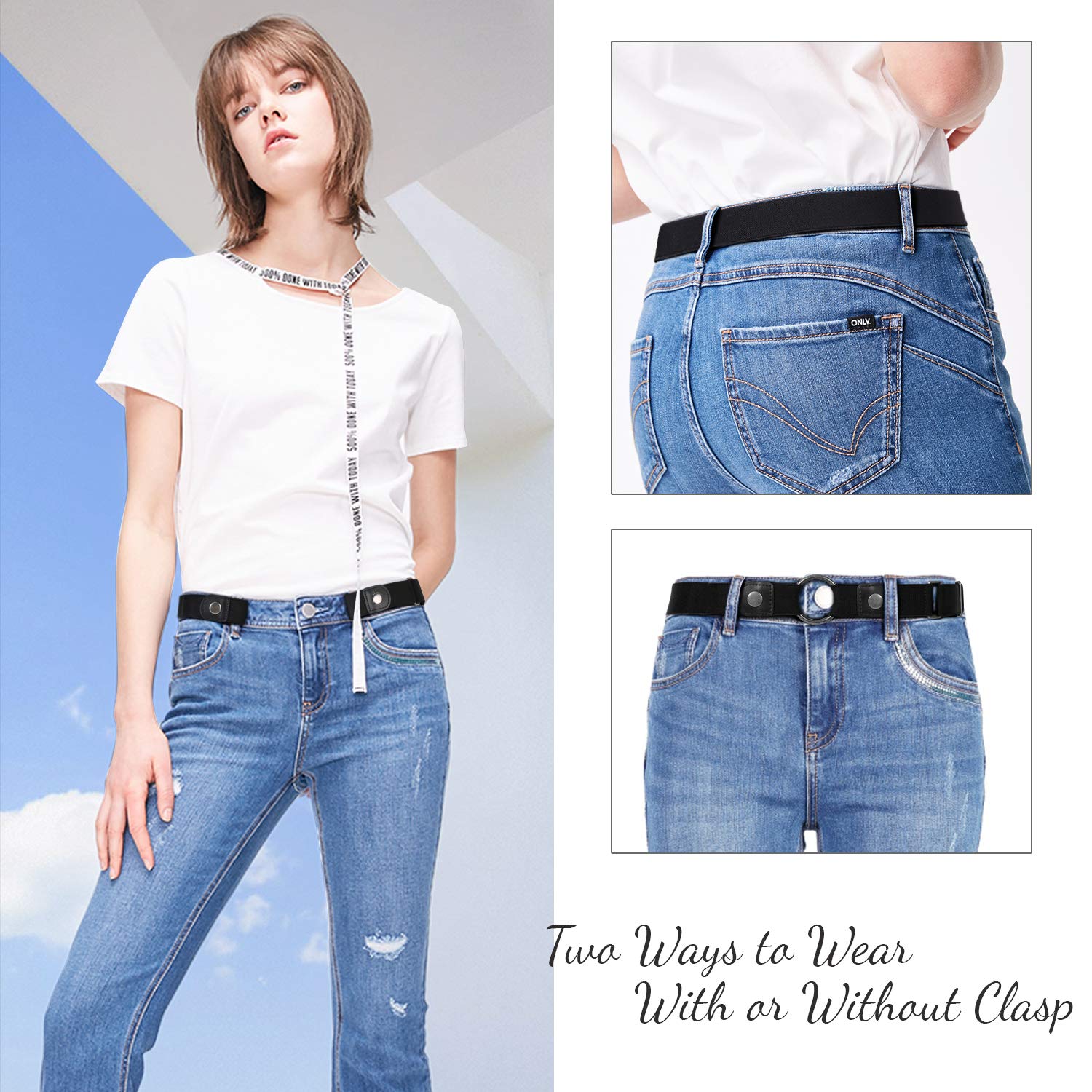 2 Pack Buckle Free Women Stretch Belt for Women/Men, Plus Size No Buckle Invisible Elastic Belts for Jeans Pants by WHIPPY, black+coffee, small size 24-34 inches