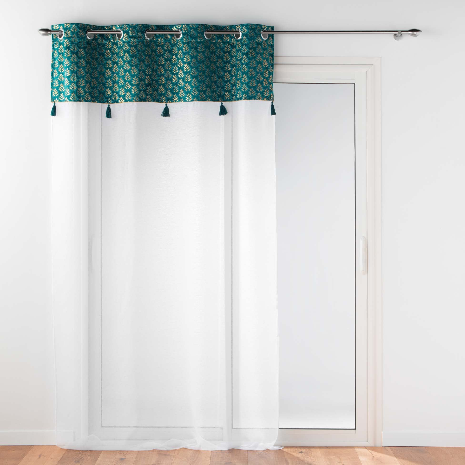 Douceur d'Intérieur, Evie Eyelet Curtain 140 x 240 cm Blue Sandblasted Curtain with Top Velour and Pompom