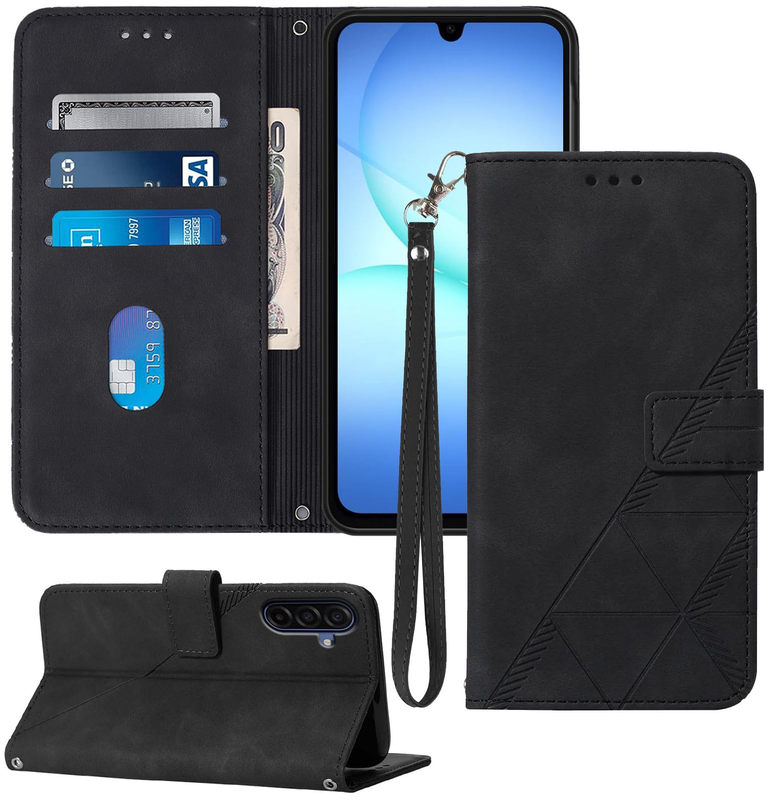Moment Dextrad for Samsung A17 5G Case Wallet, Card Holder Slots, Wrist Strap, TPU Interior Phone Protective, Stand PU Leather Folio Flip Cases Cover for Galaxy A17 2025 (Black)