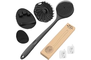 Manmihealth Silicone Back Scrubber & Soft Bath Glove Set 4 PCS(Thick Bristles), Super-Exfoliating Body Scrubber & Super-Lathering Shower Brush Combination, with 2 Free Hooks (Black)