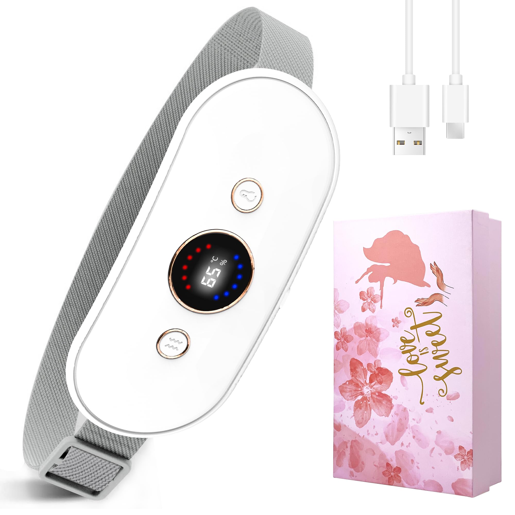 Auskang Rechargeable Heating Pad,6 Heating Levels + 6 Massage Modes for Period Cramps Relief, Period Heating Pad Electric, Cordless Heating Belt Gifts for Women Girls- White