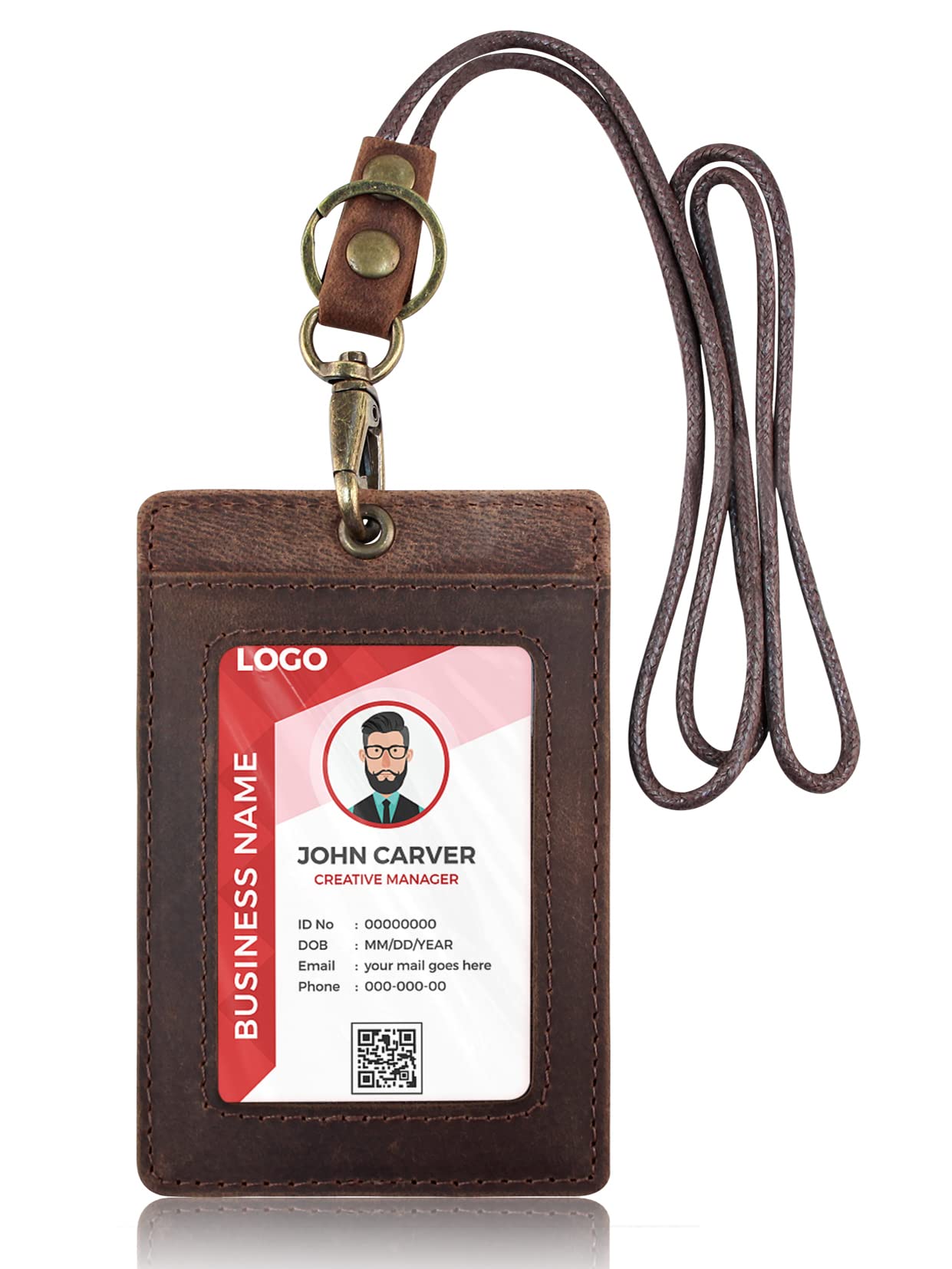Boshiho Badge Holder Cowhide Leather ID Badge Card Holder with Neck Lanyard, Vertical Style Credit Card Holders for Office Students Business (0296-dark Brown) — image 1