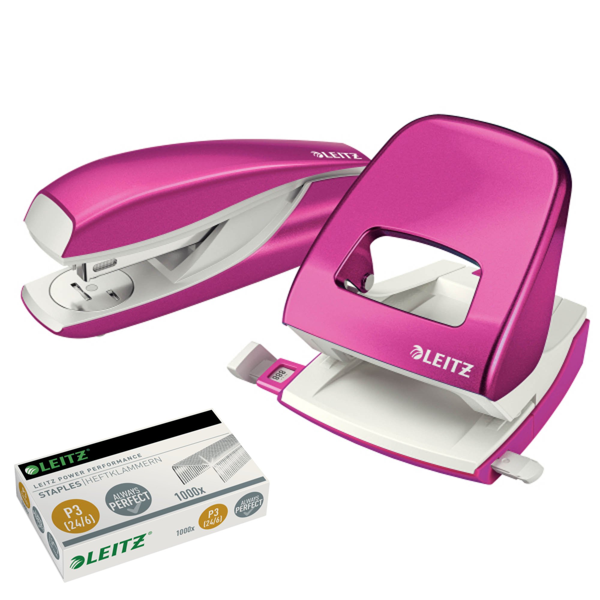 Leitz 5008 NeXXt Series Office Paper Punch, Hole Punches Metal up to 30 Sheets (Set │ Pink)